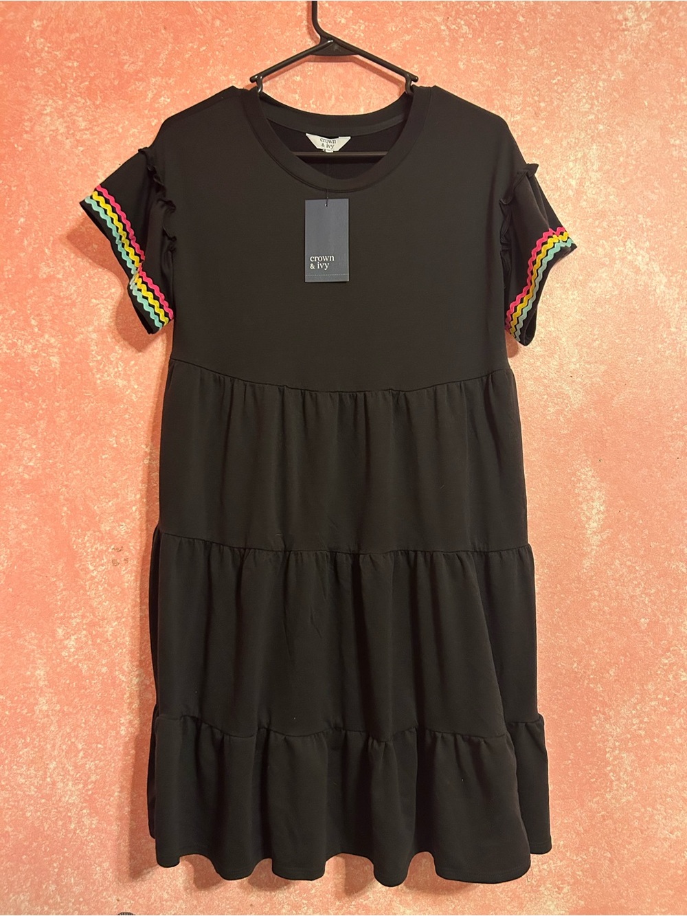 Crown & Ivy Black Tiered Dress with Rainbow Trim